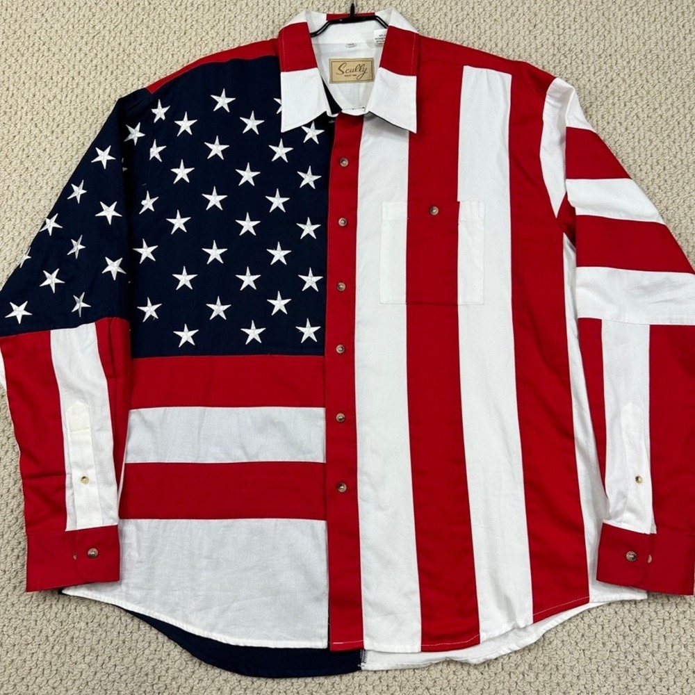 Scully Shirt Mens 2XL American Flag Stars Stripes Western Button Up Long Sleeve